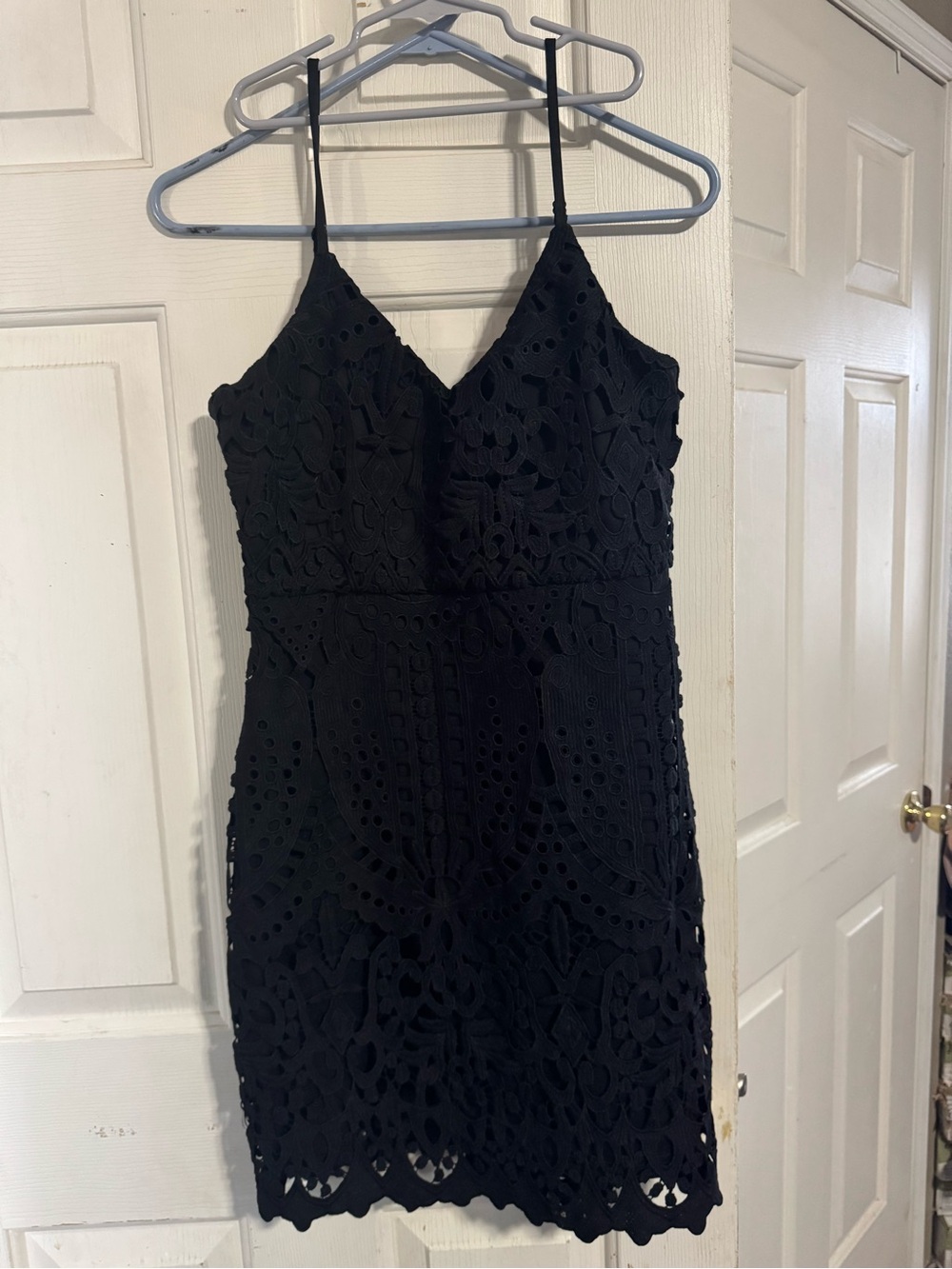 Lulu's Black Lace Mini Dress with Spaghetti Straps